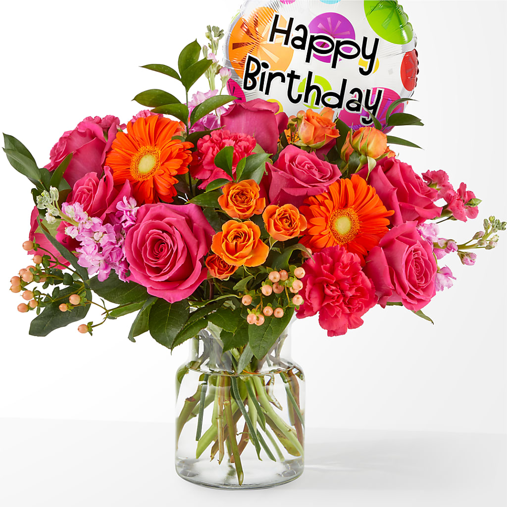 Fiesta Bouquet with Birthday Balloon – North Shore Weddings And Flowers, Kahuku HI