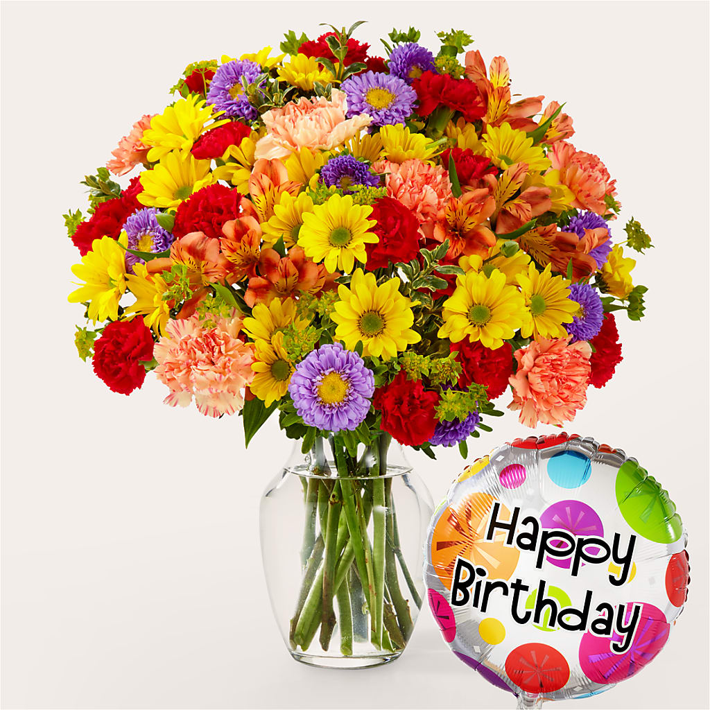 Kaleidoscope Bouquet with Birthday Balloon – North Shore Weddings And Flowers, Kahuku HI