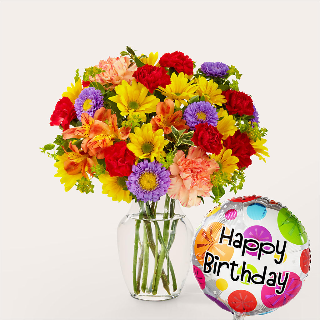 Kaleidoscope Bouquet with Birthday Balloon – North Shore Weddings And Flowers, Kahuku HI