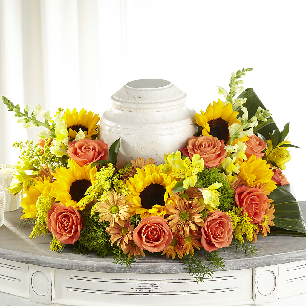 Faithful Sunflower Cremation Adornment – North Shore Weddings And Flowers, Kahuku HI