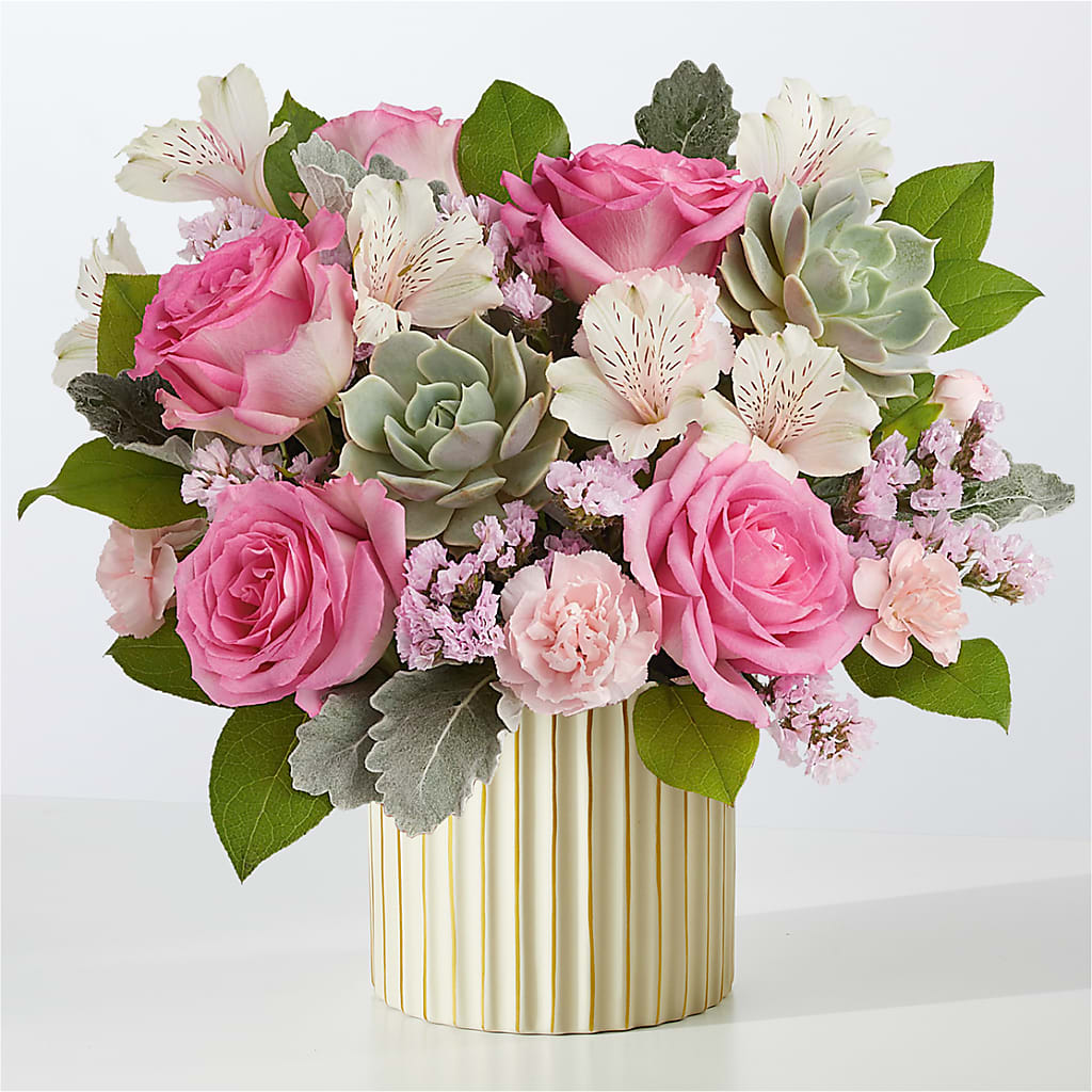 Dusty Rose Bouquet with Ivory Vase –  North Shore Weddings And Flowers, Kahuku HI